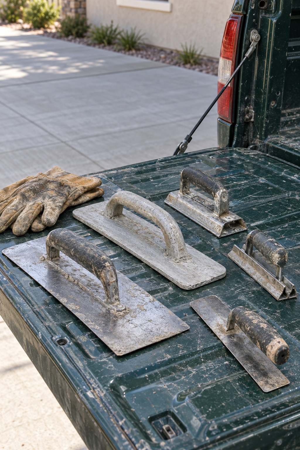 Concrete hand trowel, float, edger and groover laid out on the tailgate of a green work truck