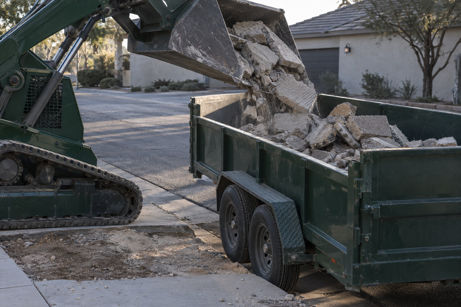 Skid steer bucket tipping broken concrete slab pieces into a dump trailer at a curb