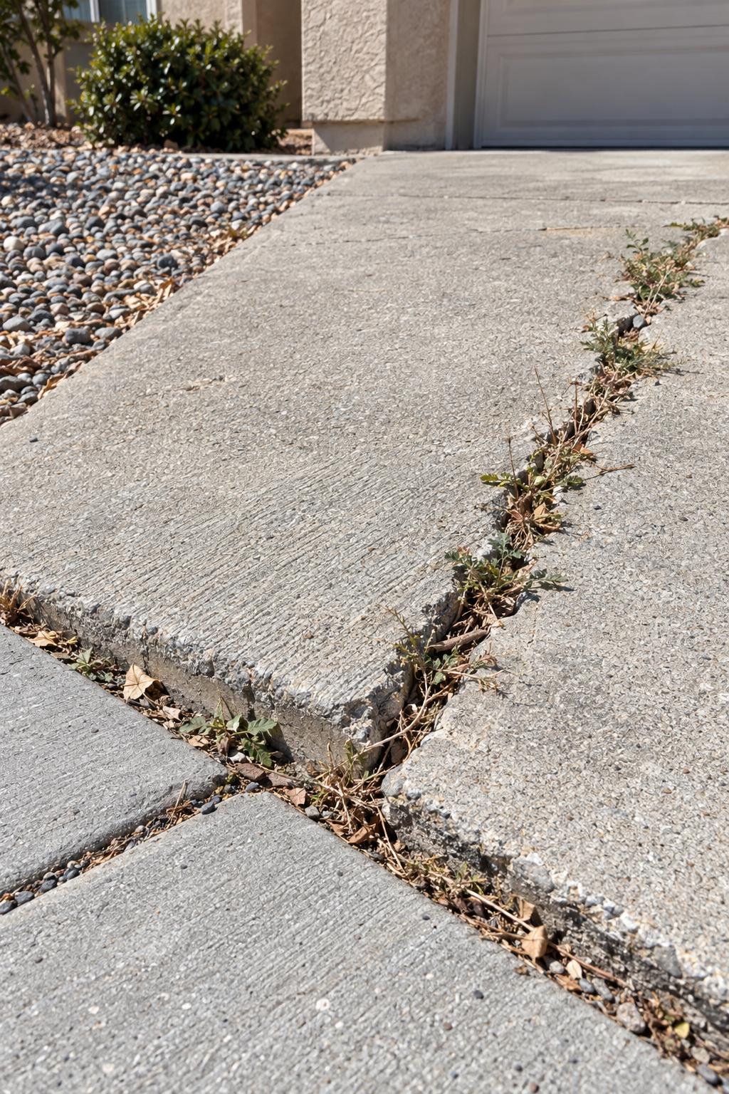 Cracked corner of an old concrete driveway packed with dirt and weeds where it meets the sidewalk