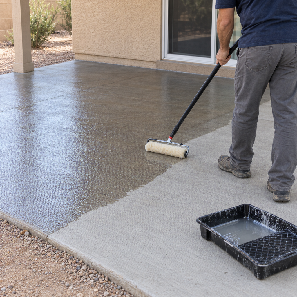 Worker rolling clear sealer across a repaired broom-finish patio slab, the sealed half darker than the dry half