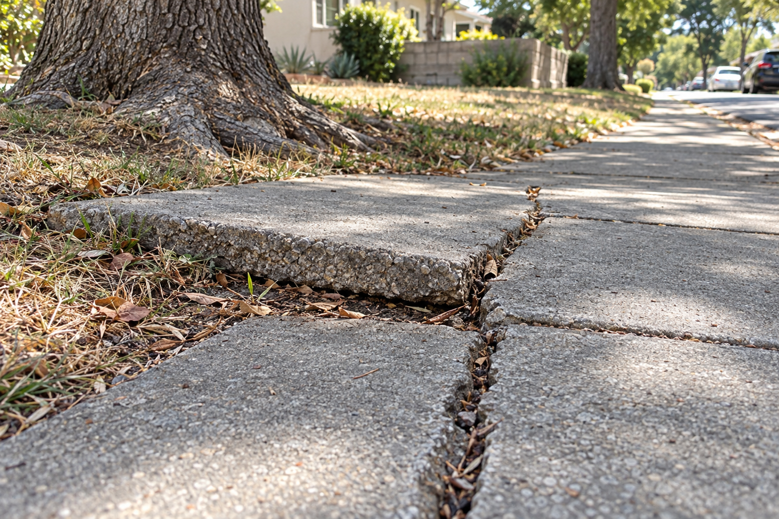 Sidewalk panel heaved up at a joint by a tree root, leaving a raised trip edge