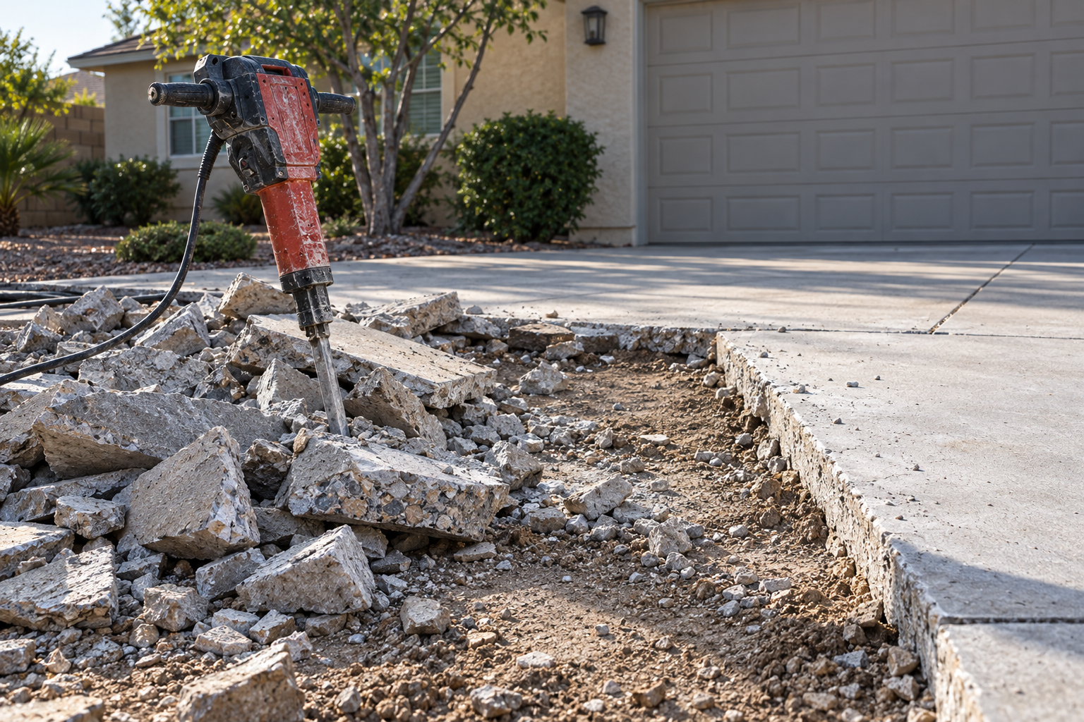 Failed section of driveway broken into pieces beside the sound slab that stays