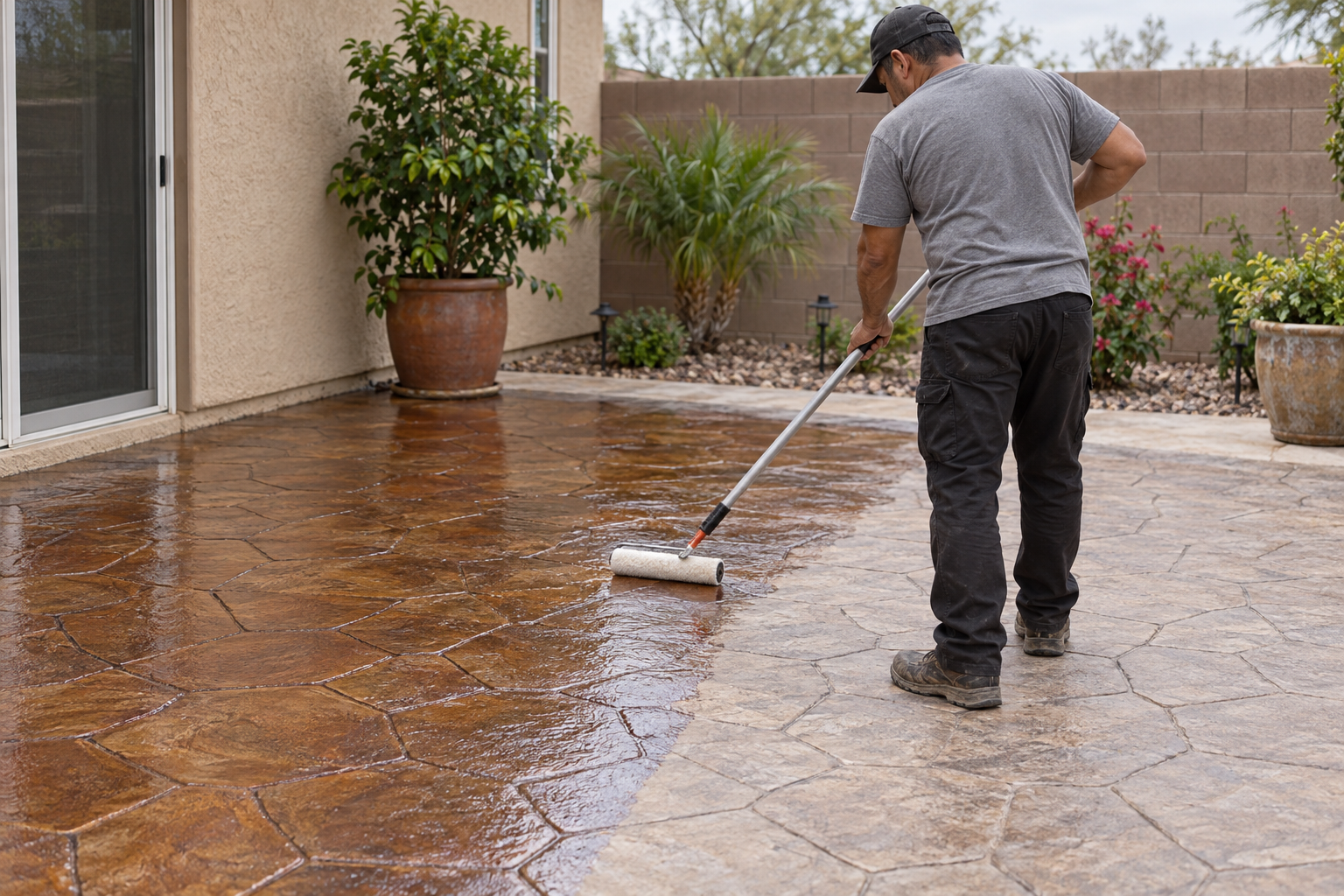 Roller applying sealer to a stamped concrete patio, half of it already dark and glossy